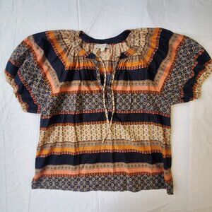 Loft Women's Size M Top Puffy Short Sleeves Lightweight Dark Blue Patterened